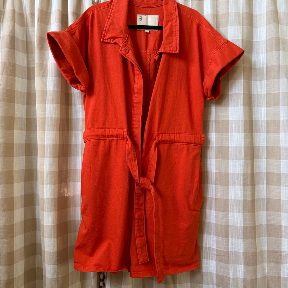 Pilcro Red-Orange Short-Sleeve Tie-Waist Jumpsuit Romper